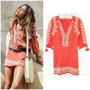Spell Santorini Embroidered Tunic Dress In Burnt Orange